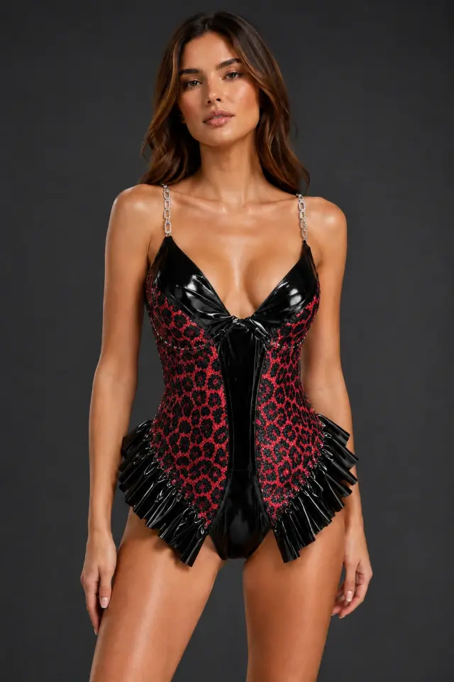 Kırmızı Leopar Beyaz Cuplu Tangalı Body
