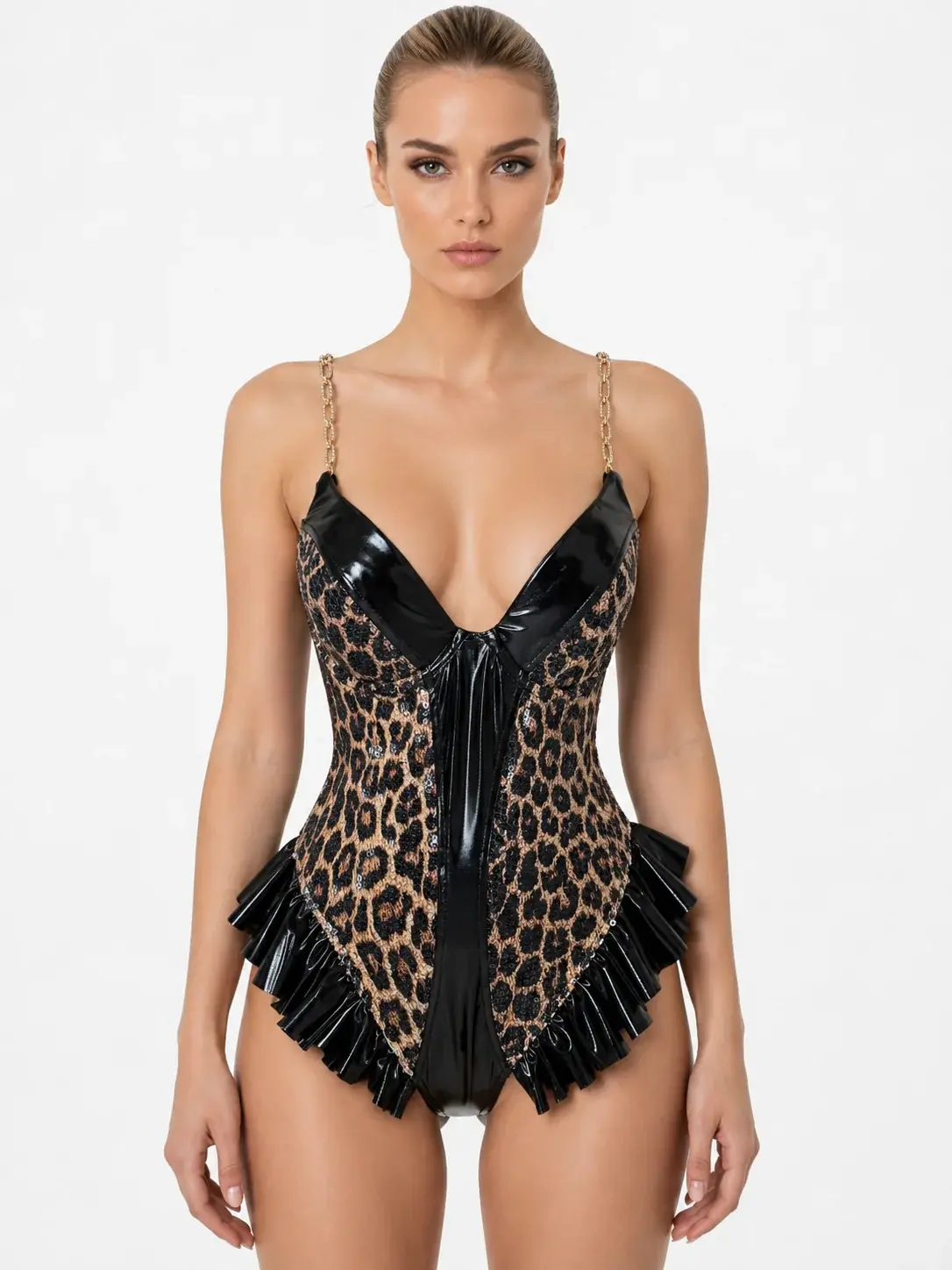 Leopar Beyaz Cuplu Tangalı Body